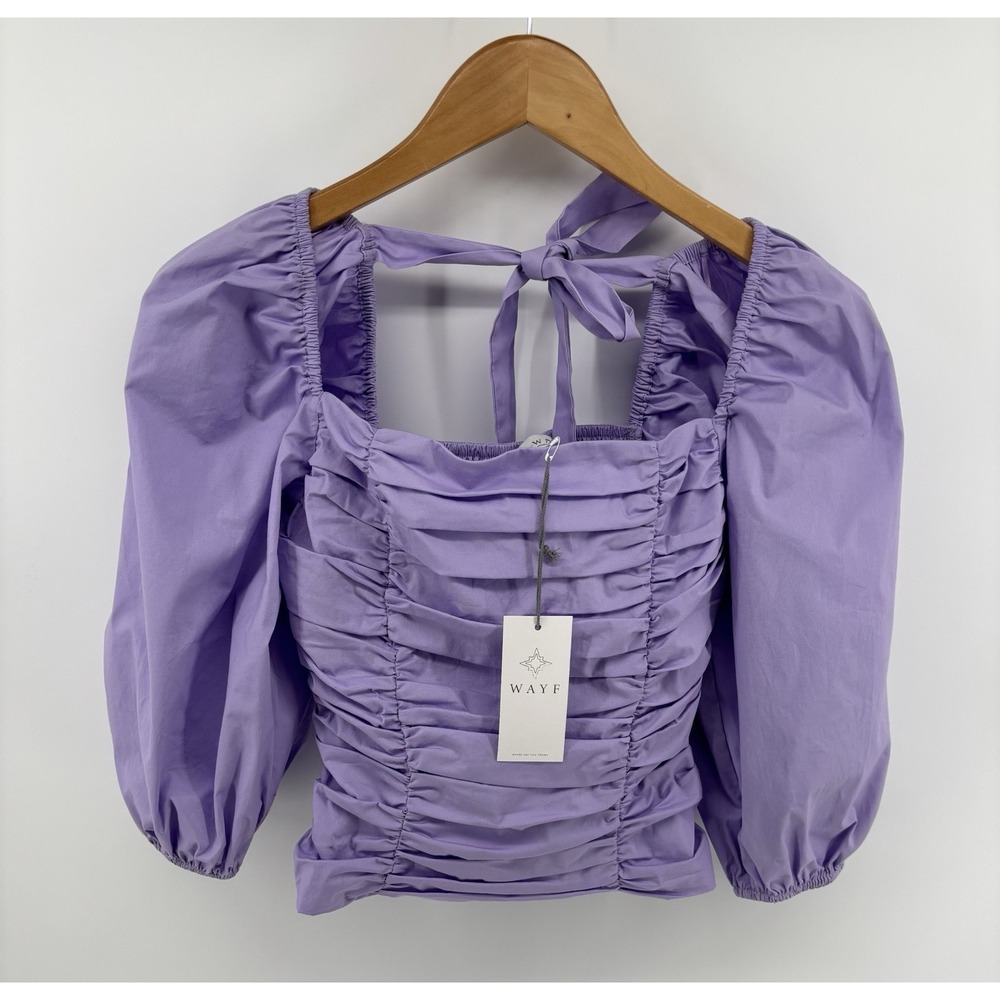 NWT WAYF Gathered Puff Sleeve Top Sz S Stretch Cotton Square Neck